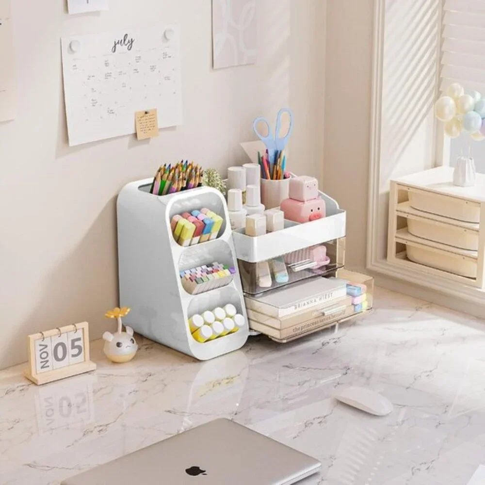 New Makeup Organizer with Drawers & Brush Holder for Vanity & Skincare Storage